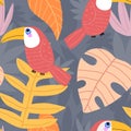 Summer seamless pattern with cartoon toucans, tropical leaves, decor elements. Colorful vector, flat style, hand drawing.